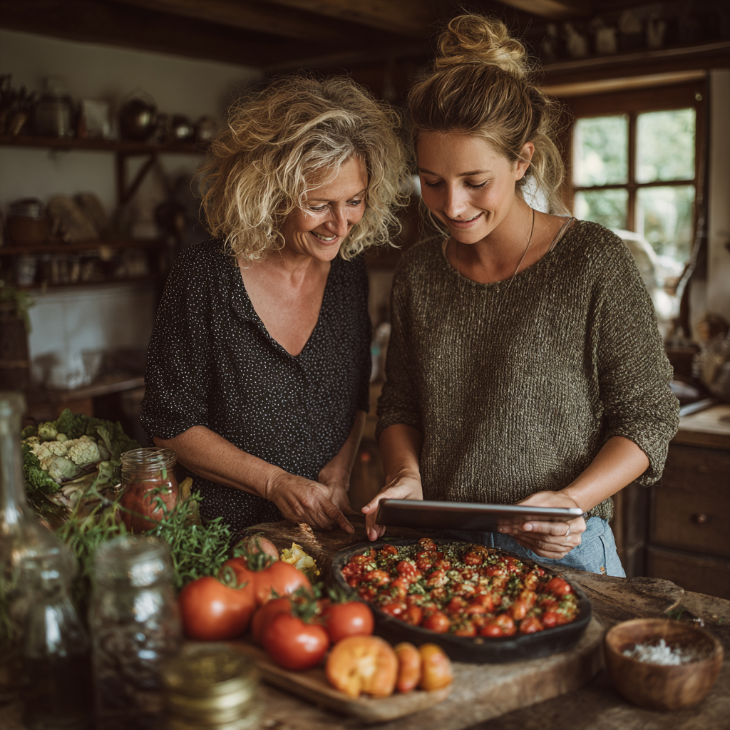 Жінка 52 років з дочкою готують страву за рецептом з додатку moskundel на планшеті