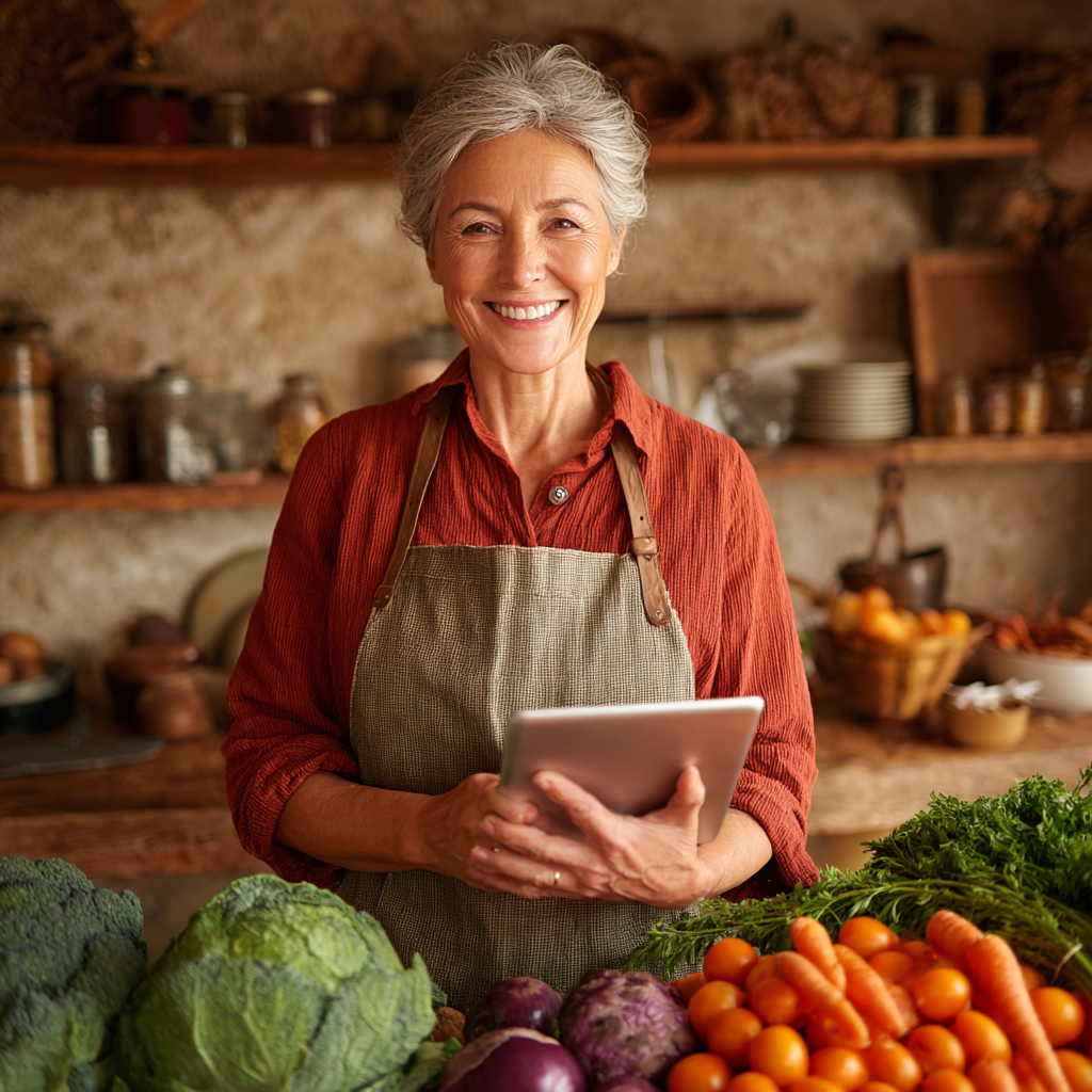Жінка середнього віку 55 років з посмішкою тримає планшет з планом харчування moskundel, на кухні серед свіжих овочів