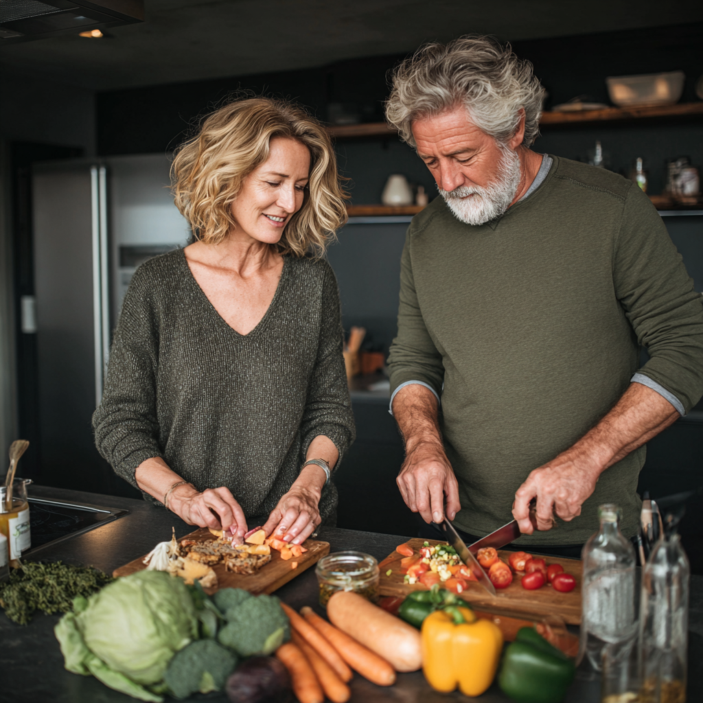 Пара середнього віку 55-60 років разом готує здоровий обід за рецептами moskundel на сучасній кухні